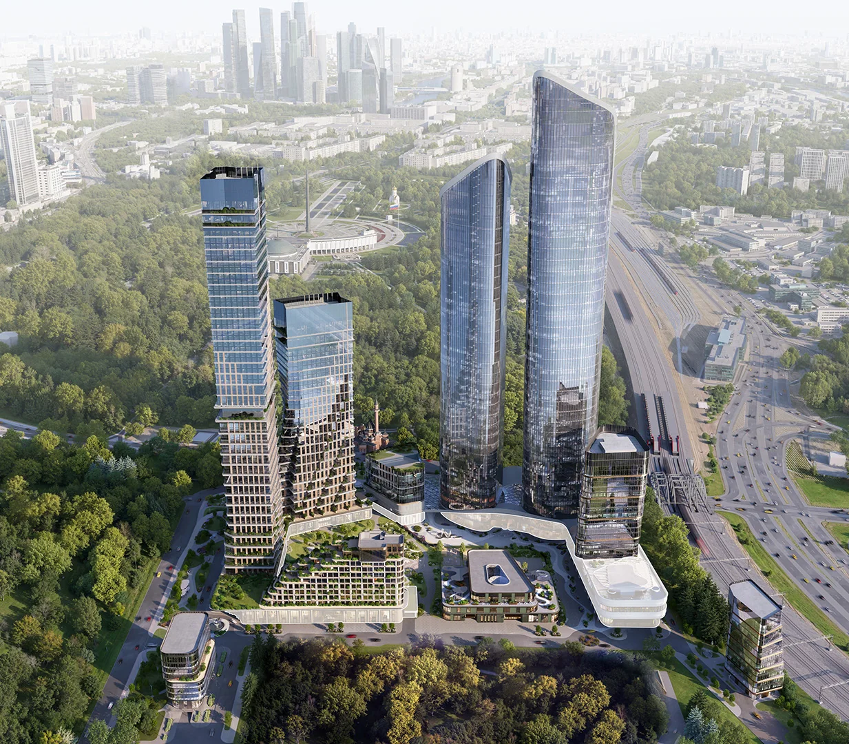 Ансамбль в зелени, на горизонте башни Москва-Сити